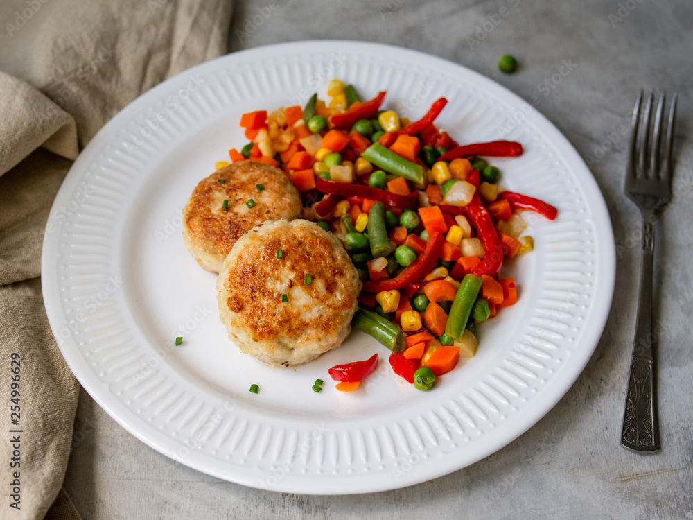 Chicken cutlets with steamed Mix vegetables, Chicken meat balls on white plate. Heathy lunch, diet food. Selective focus, close up. Chicken cutlets with steamed Mix vegetables, Chicken meat balls on white plate. Heathy lunch, diet food. Selective focus, close up.