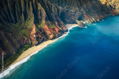 beautiful nature landscape in Kauai island Hawaii. View from helicopter,plane,top. Forest. Mountains. Ocean. View . Drone photo