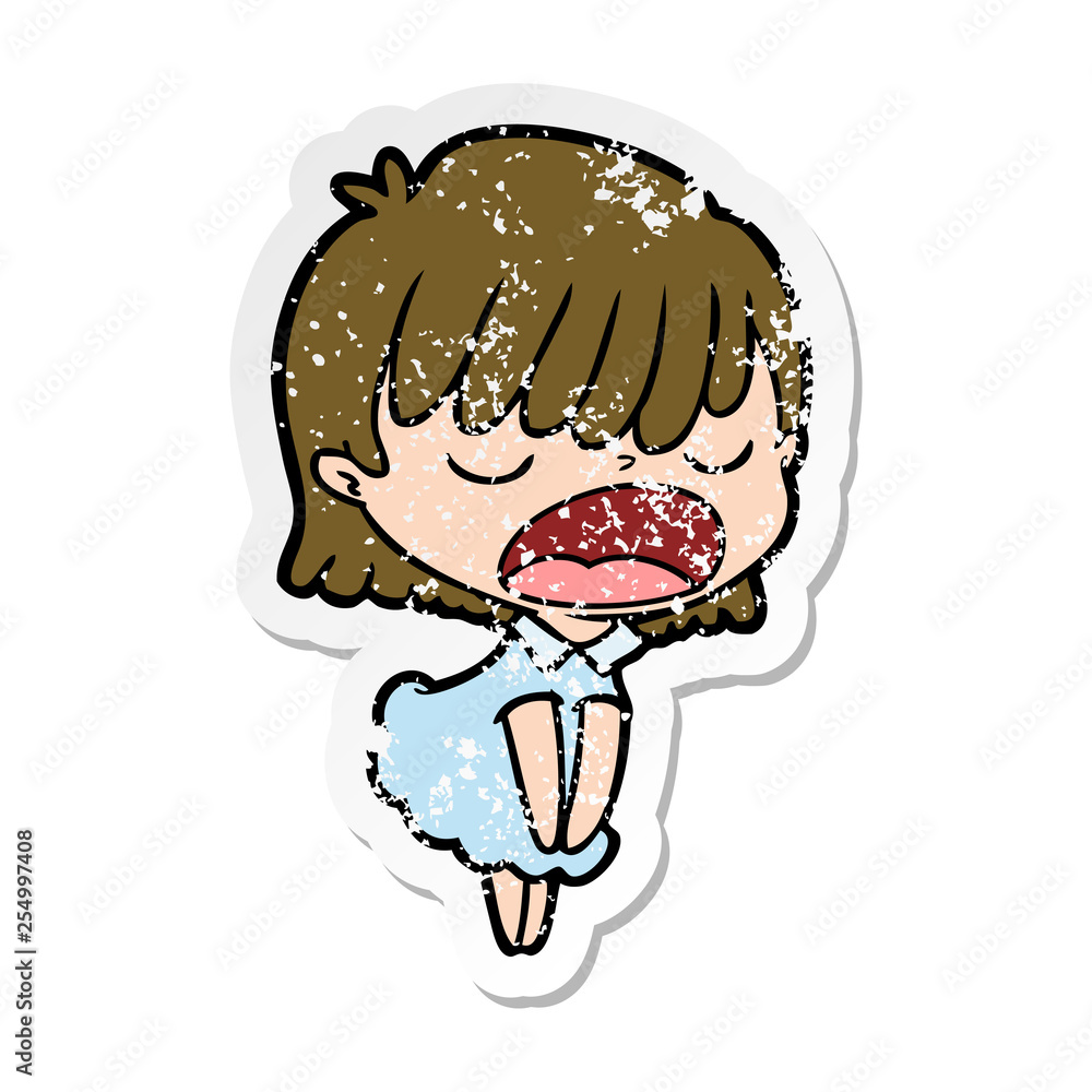 Obraz premium distressed sticker of a cartoon woman talking loudly