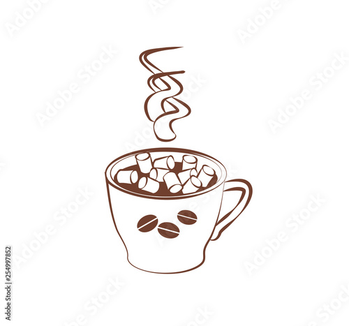 Delicious brewed coffee or cocoa with small marshmallows on a white background. Vector fragrant drink for a cozy coffee house. Illustration Hot chocolate for coloring book, cards or menu design.