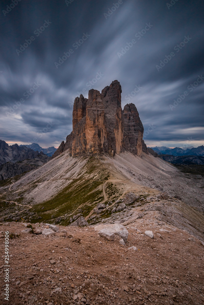 Tre Cime Di Lavaredo peaks before the storm, Italian Dolomites, South Tyrol, Italy.