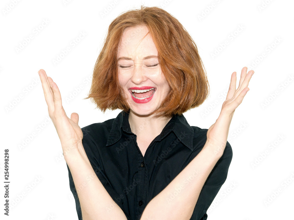Portrait of confused and worried redhead girl with shaking palms Portrait of confused and worried redhead girl with shaking palms