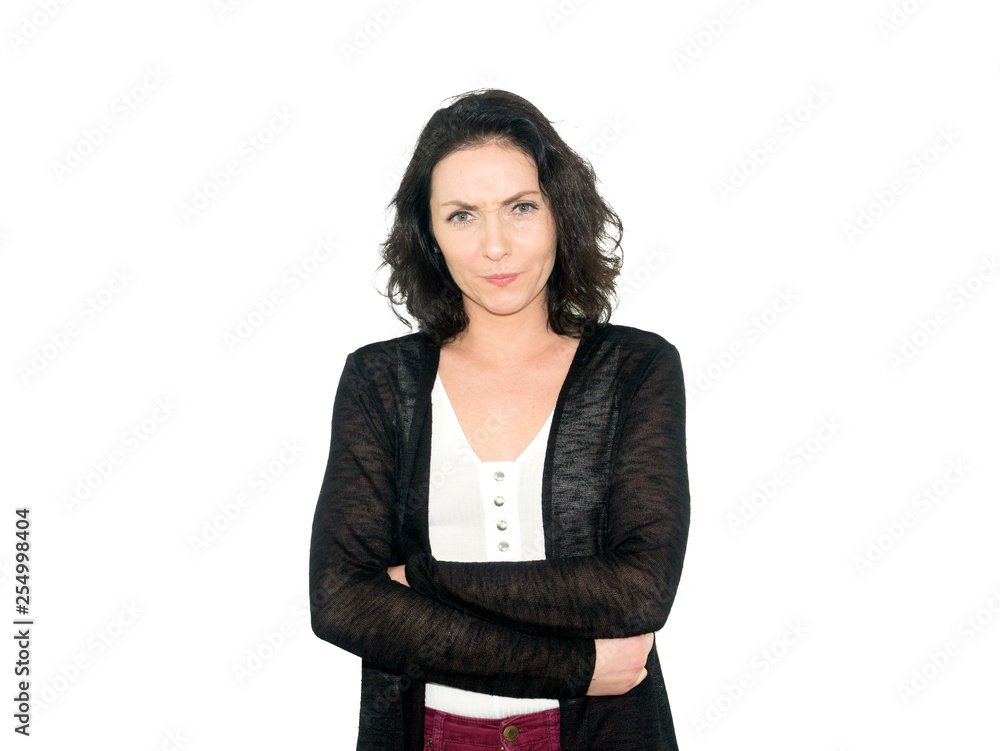A beautiful woman with disgusted expression and crossed hands lo A beautiful woman with disgusted expression and crossed hands lo