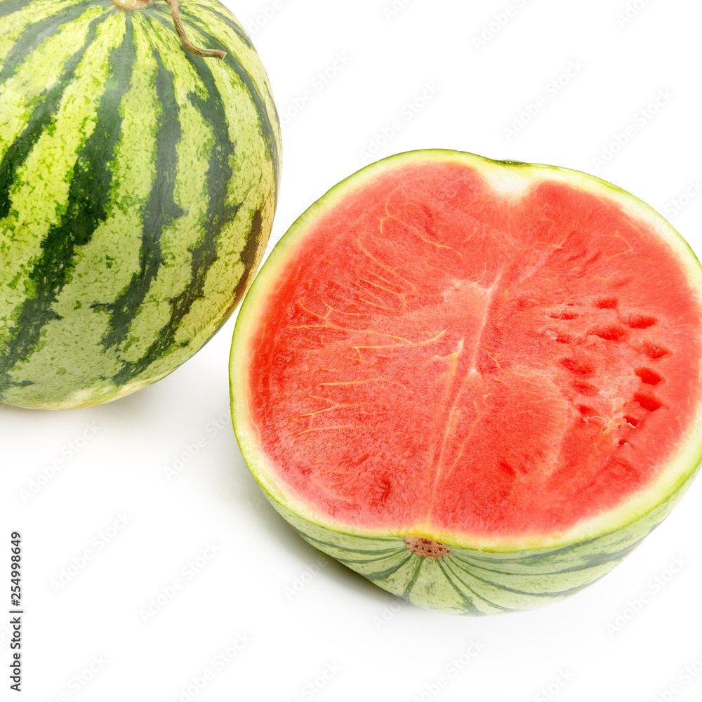 Ripe watermelon and half berry isolated on white background. Ripe watermelon and half berry isolated on white background.