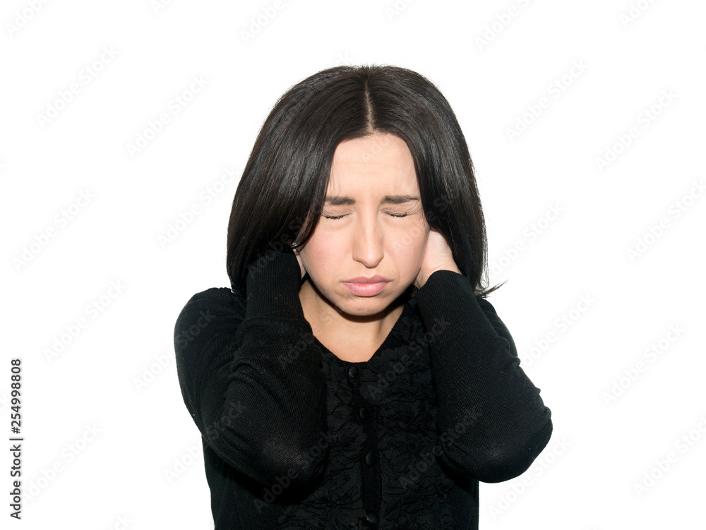 Portrait of beautiful brunette young woman having pain in her ne Portrait of beautiful brunette young woman having pain in her ne