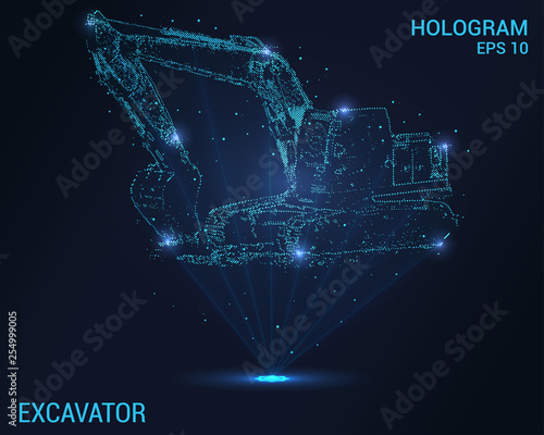 Excavator hologram. Digital and technological background of the excavator. The futuristic design of the excavator.