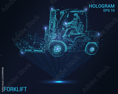 Forklift hologram. Digital and technological background and a forklift. Futuristic forklift design.