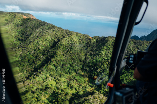 beautiful nature landscape in Kauai island Hawaii. View from helicopter,plane,top. Forest. Mountains. Ocean. View . Drone