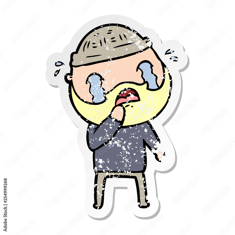 distressed sticker of a cartoon bearded man crying