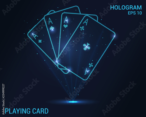 Playing cards hologram. Digital and technological background of the casino. Futuristic gambling design.