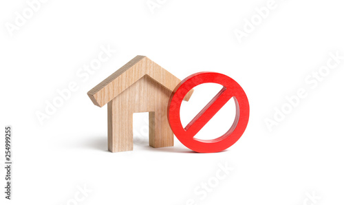 No Sign and the wooden house on an isolated background. Unavailability of housing, busy or low supply. Inaccessible and expensive housing. Seizure and freezing of assets by a bank or court.