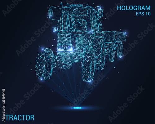 Tractor hologram. Digital and technological background of the tractor. Futuristic tractor design.