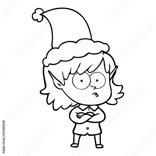 line drawing of a elf girl staring wearing santa hat
