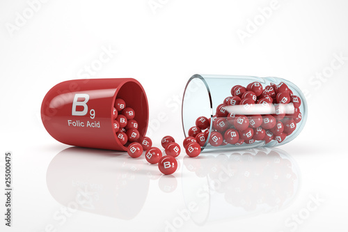 3d rendering of a vitamin capsule with vitamin B9 - folic acid