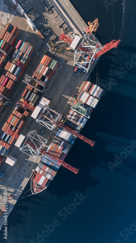 Container cargo ship in import export business logistic, Freight transportation, Aerial view.