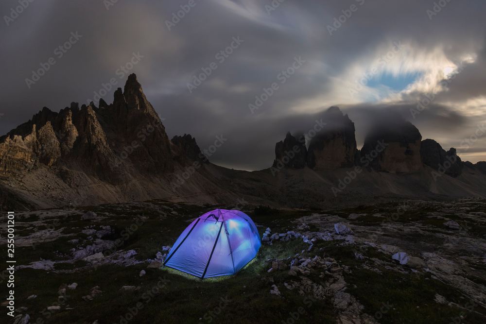 camping at Tre Cime di Lavaredo with moonlight