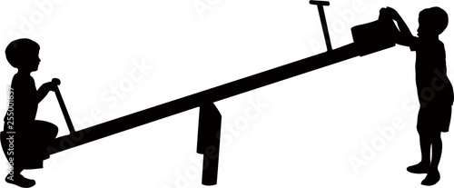 boys playing at park, on seesaw silhouette vector