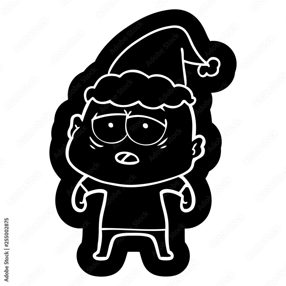 Naklejka premium cartoon icon of a tired bald man wearing santa hat