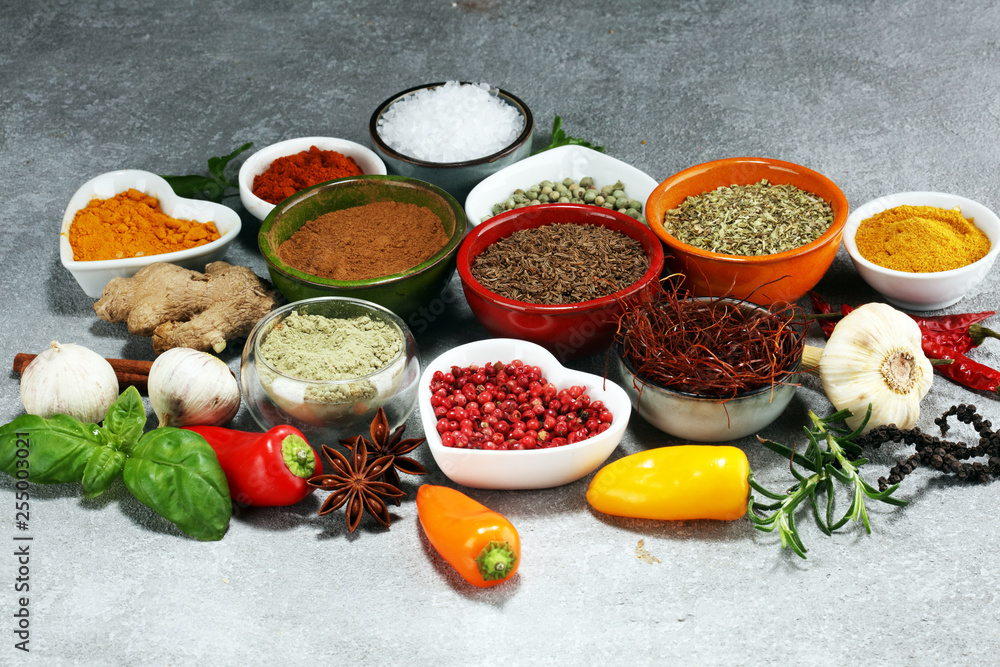 Spices and herbs on table. Food and cuisine ingredients. Spices and herbs on table. Food and cuisine ingredients.