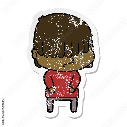 distressed sticker of a cartoon boy with untidy hair