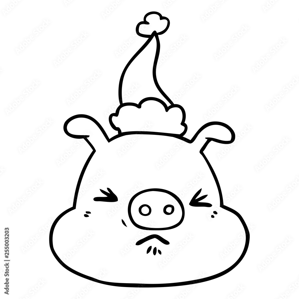 line drawing of a angry pig face wearing santa hat line drawing of a angry pig face wearing santa hat