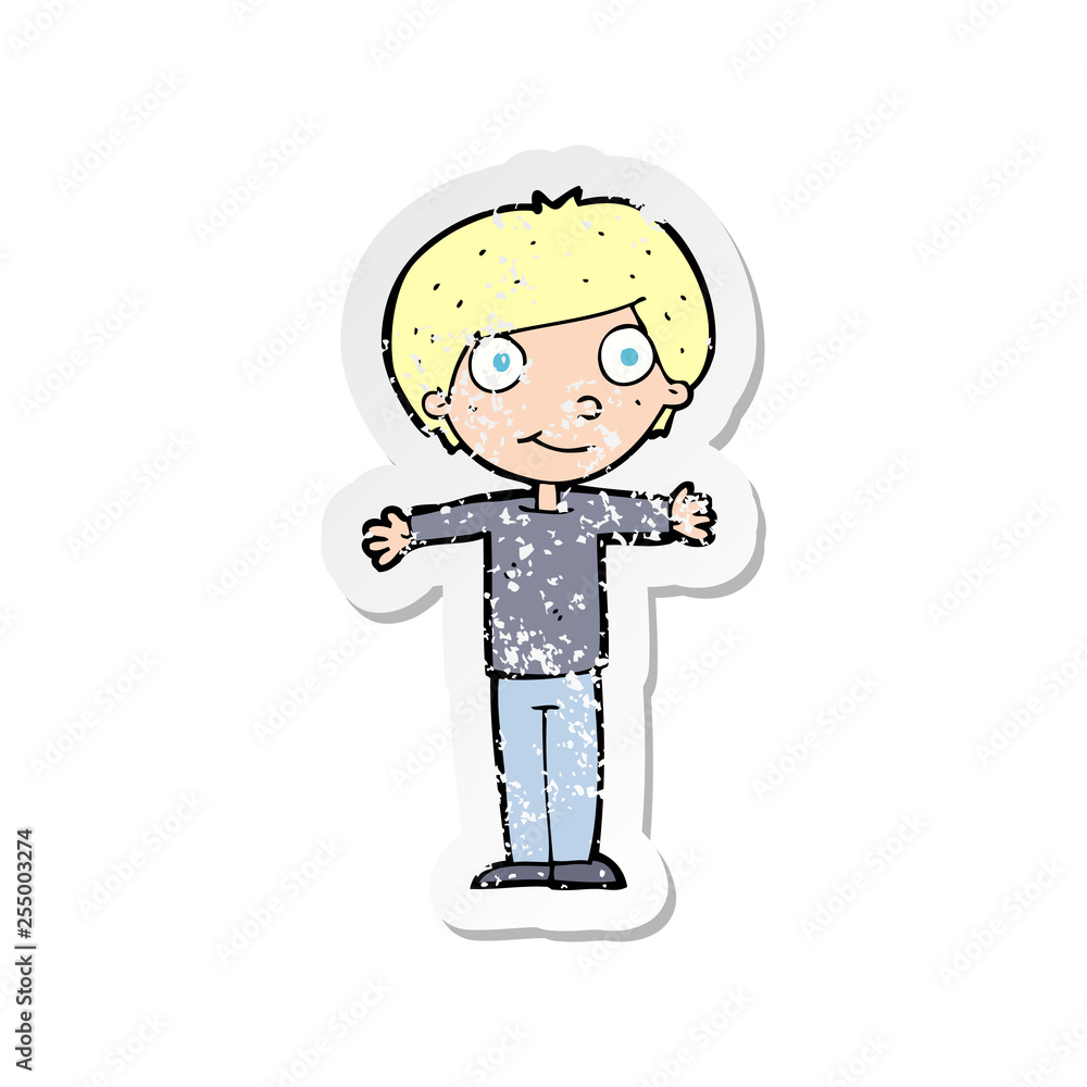 retro distressed sticker of a cartoon happy boy with open arms retro distressed sticker of a cartoon happy boy with open arms