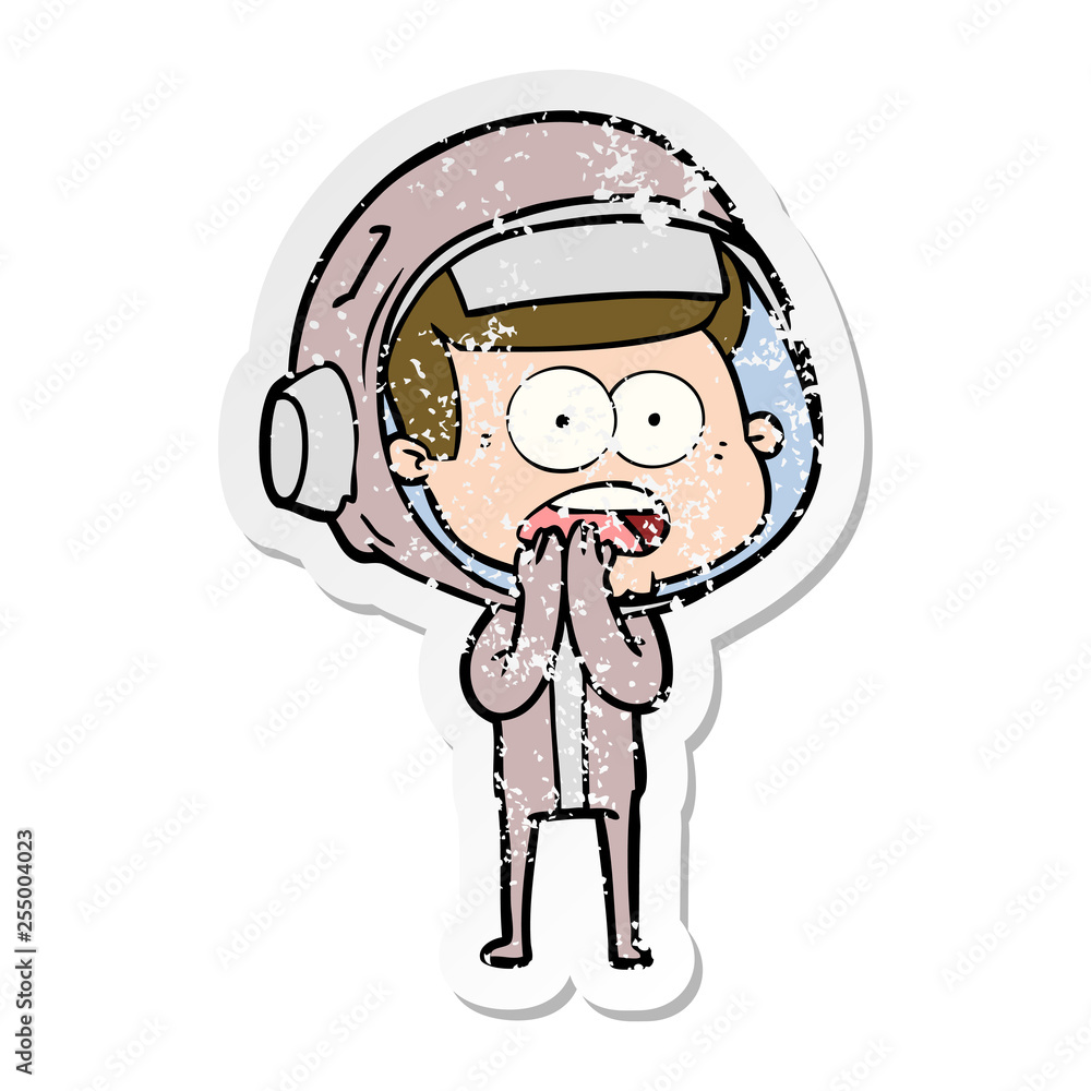 distressed sticker of a cartoon surprised astronaut