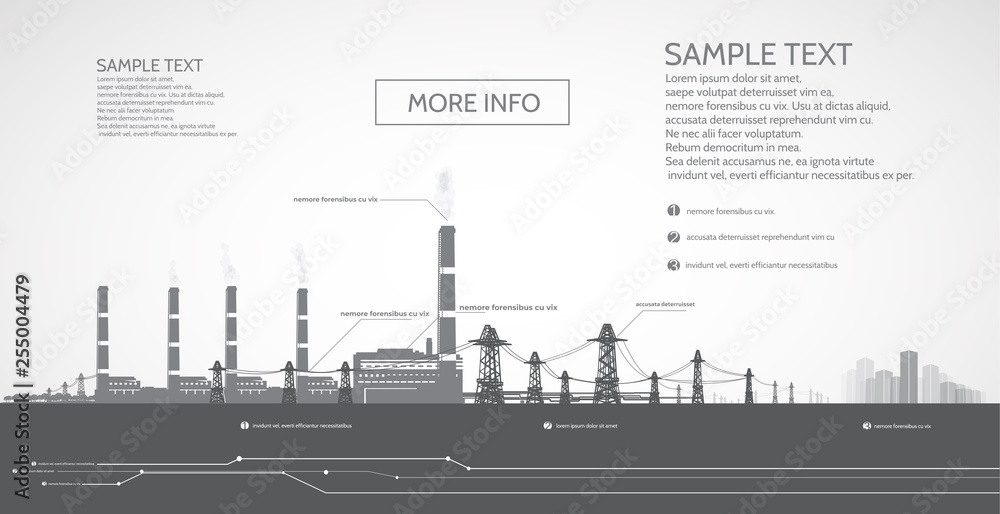 Thermal coal power plant, with electric pylons, power supply to the city, infographics.