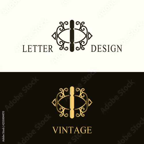 Stylish Capital letter I. Vintage Logo. Filigree Beautiful Monogram. Luxury Drawn Emblem. Graceful Style. Black and Gold. Graphic Ornament. Simple Design of Calligraphic Insignia. Vector Illustration