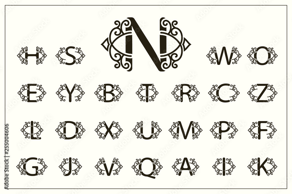 Set Of Stylish Capital Letters Vintage Logos Filigree Monograms