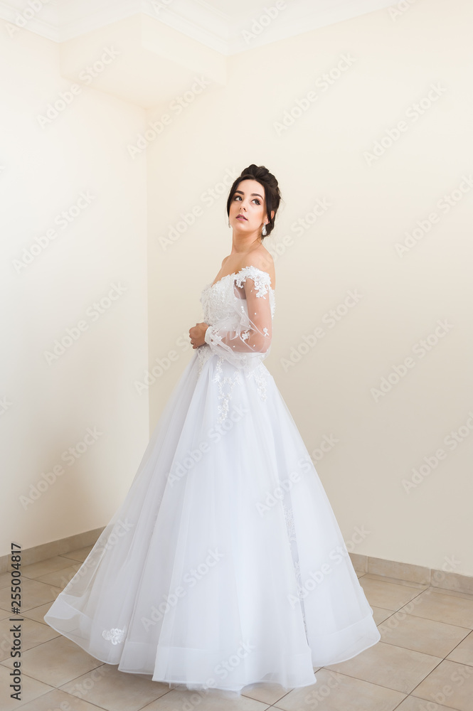 Beautiful bride wearing fashion wedding dress with feathers with luxury delight make-up and hairstyle studio indoor photo shoot Beautiful bride wearing fashion wedding dress with feathers with luxury delight make-up and hairstyle studio indoor photo shoot