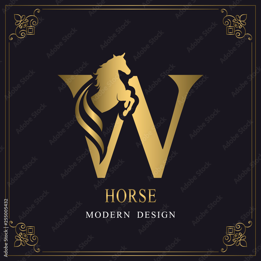 Capital Letter W with a Horse. Royal Logo. King Stallion in Jump. Racehorse Head Profile. Gold Monogram on Black Background with Border. Stylish Graphic Template Design. Tattoo. Vector illustration Stock Vector | Capital Letter W with a Horse. Royal Logo. King Stallion in Jump. Racehorse Head Profile. Gold Monogram on Black Background with Border. Stylish Graphic Template Design. Tattoo. Vector illustration Stock Vector |