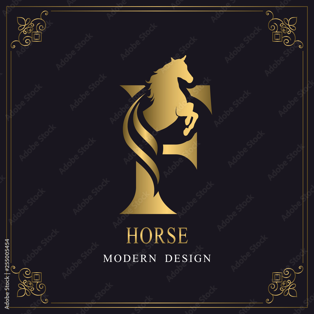 Capital Letter F with a Horse. Royal Logo. King Stallion in Jump. Racehorse Head Profile. Gold Monogram on Black Background with Border. Stylish Graphic Template Design. Tattoo. Vector illustration