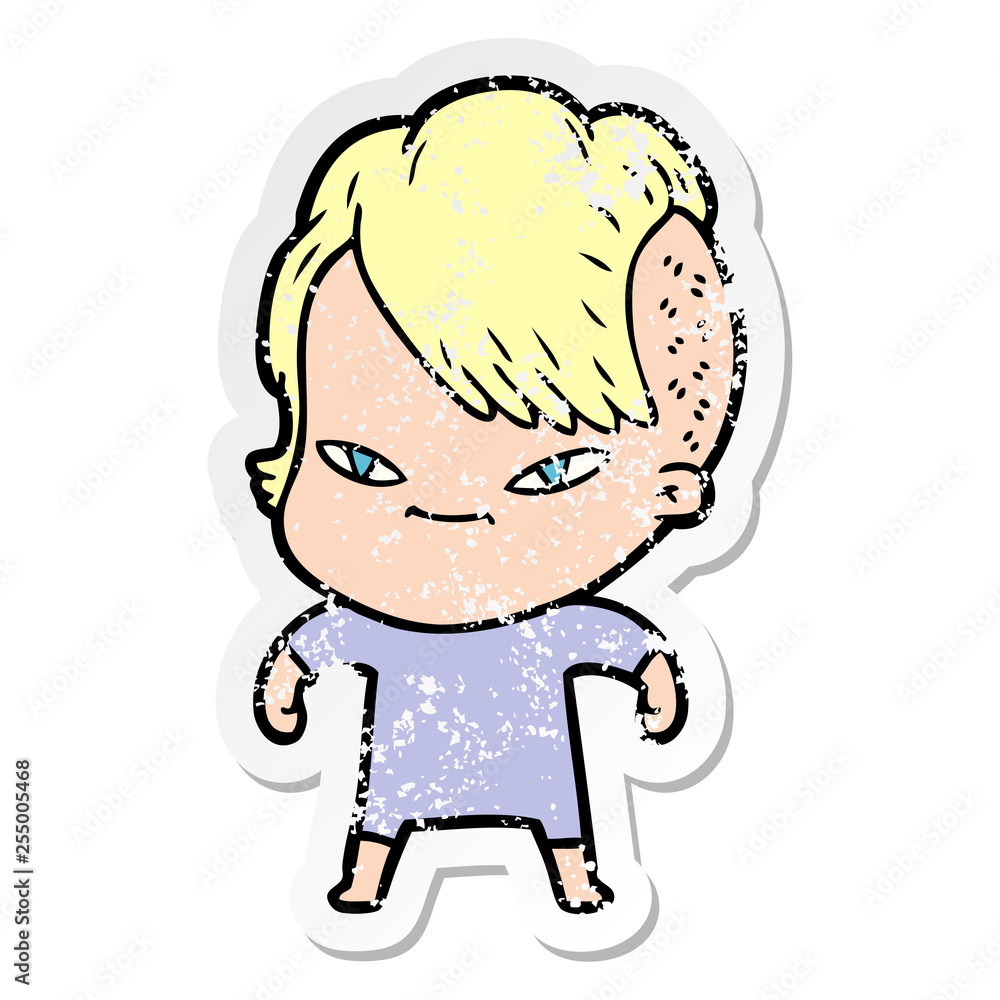 distressed sticker of a cute cartoon girl with hipster haircut distressed sticker of a cute cartoon girl with hipster haircut