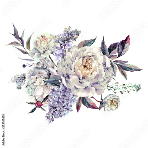 Watercolor White Peonies and Lilac Bouquet