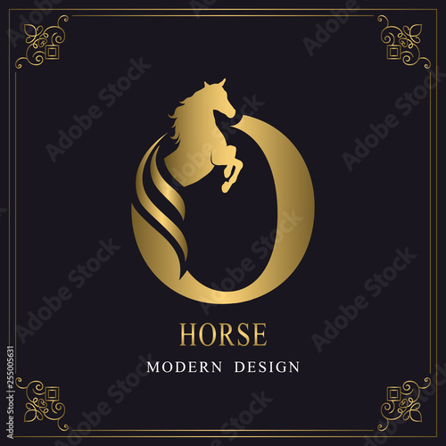 Capital Letter O with a Horse. Royal Logo. King Stallion in Jump. Racehorse Head Profile. Gold Monogram on Black Background with Border. Stylish Graphic Template Design. Tattoo. Vector illustration