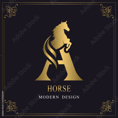 Capital Letter A with a Horse. Royal Logo. King Stallion in Jump. Racehorse Head Profile. Gold Monogram on Black Background with Border. Stylish Graphic Template Design. Tattoo. Vector illustration