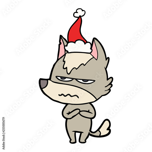 line drawing of a annoyed wolf wearing santa hat