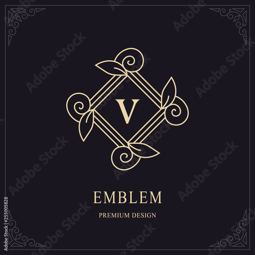 Floral Monogram Design. Letter V. Fourishes Calligraphic Vintage Frame. Simple Logo Line Art Template. Good for Design of Brand Name, Business Card, Restaurant, Boutique, Hotel. Vector illustration photo