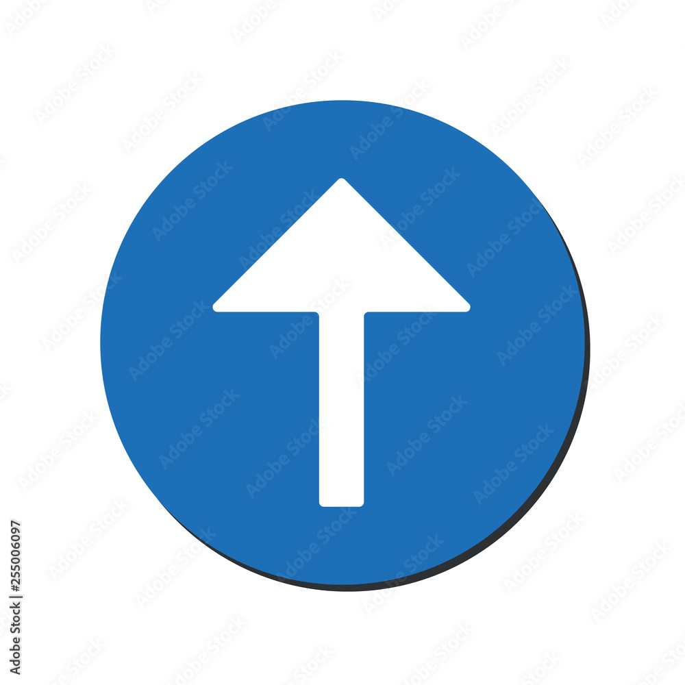 Arrow up vector icon. This rounded flat symbol is drawn with white color on a blue background. Arrow up vector icon. This rounded flat symbol is drawn with white color on a blue background.