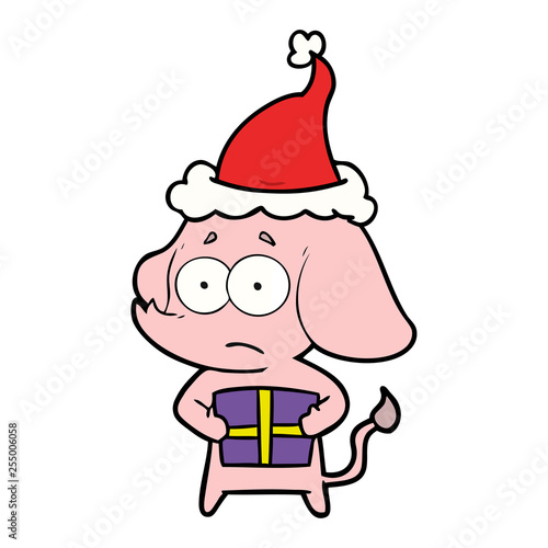 line drawing of a unsure elephant with christmas present wearing santa hat