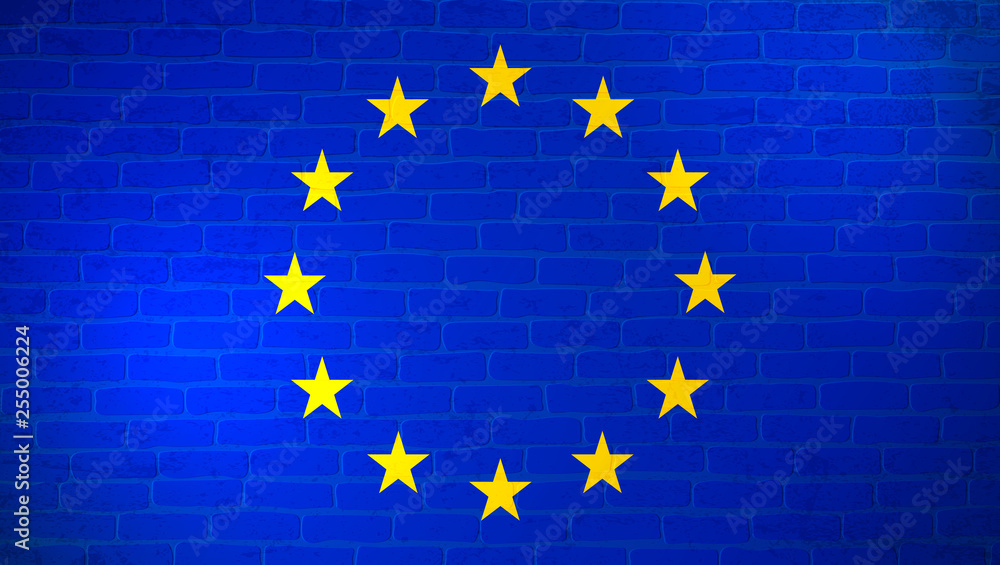 European Union national flag painted on brick wall. Stone wall texture background. Old vintage minimalistic template for wallpaper, poster, banner. Background for design in country flag. Vector grunge European Union national flag painted on brick wall. Stone wall texture background. Old vintage minimalistic template for wallpaper, poster, banner. Background for design in country flag. Vector grunge