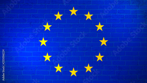 European Union national flag painted on brick wall. Stone wall texture background. Old vintage minimalistic template for wallpaper, poster, banner. Background for design in country flag. Vector grunge