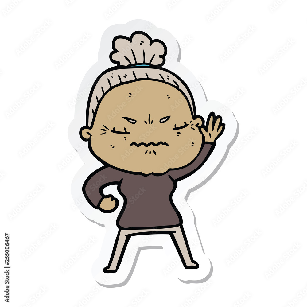 sticker of a cartoon annoyed old lady sticker of a cartoon annoyed old lady