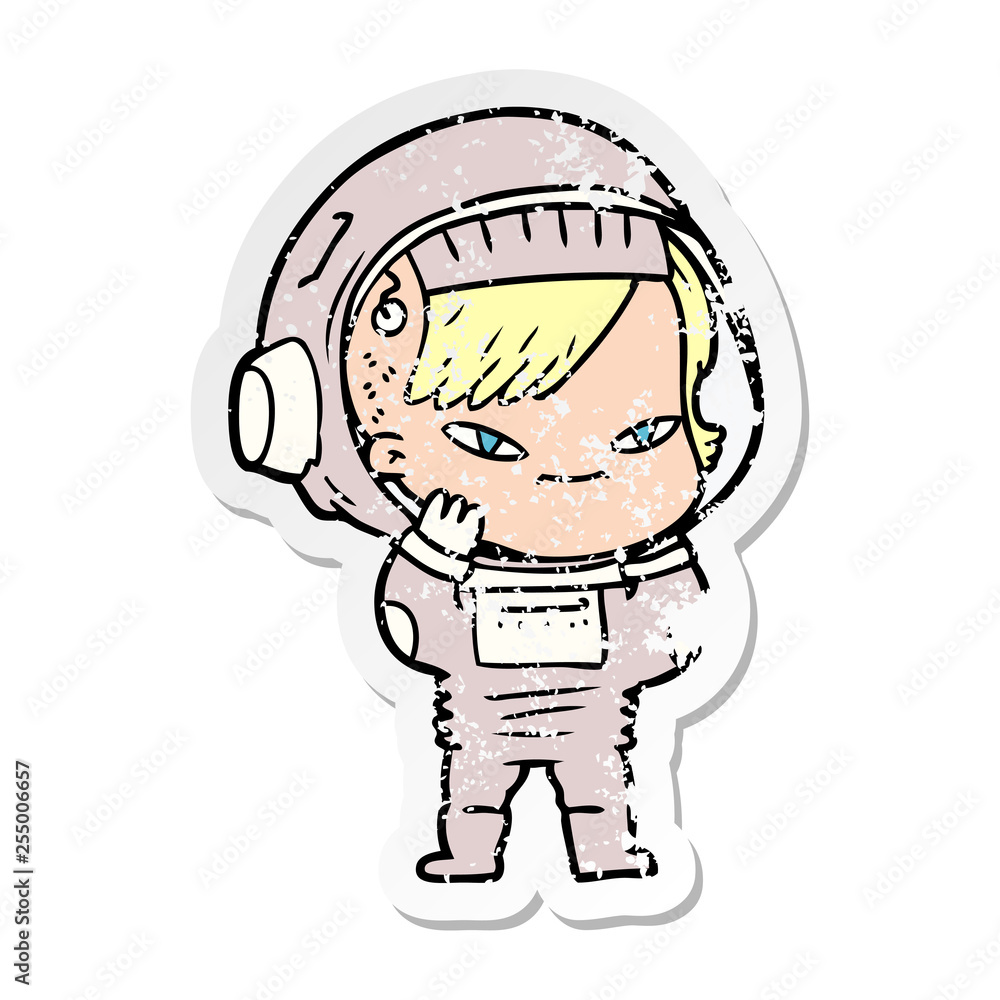 distressed sticker of a cartoon astronaut woman distressed sticker of a cartoon astronaut woman