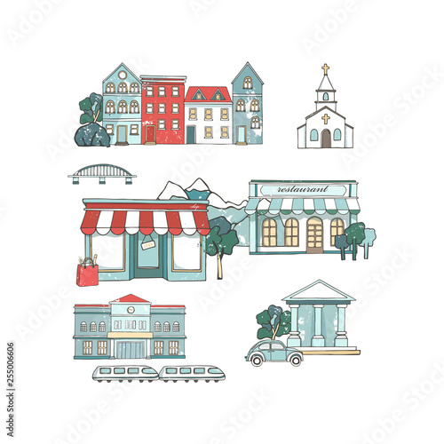 City places set with buildings in flat design. Cafe restaurant  music theater  house  Cathedral  barn  museum  mill  station  chaurch. Urban collection. Hand drawn illustration. Grunge style clip art
