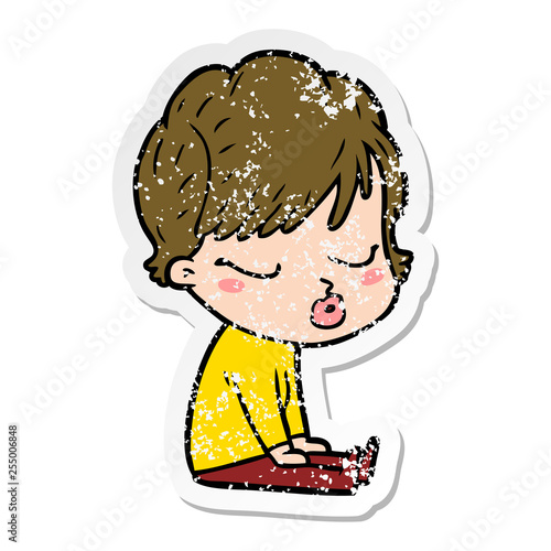 distressed sticker of a cartoon woman with eyes shut