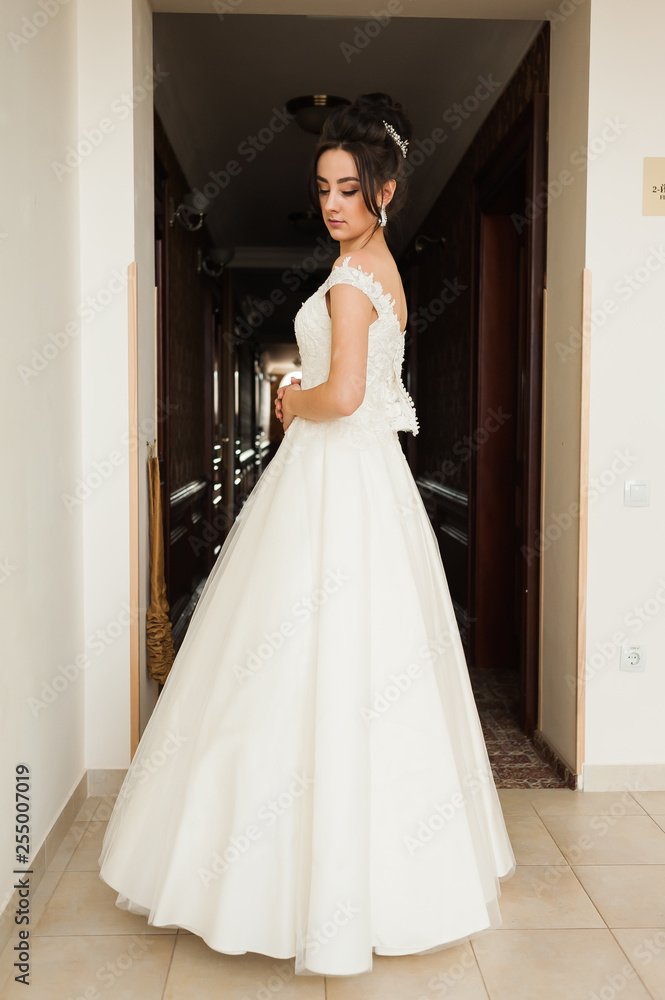 Beauty portrait of bride wearing fashion wedding dress with feathers with luxury delight make-up and hairstyle, studio indoor photo. Beauty portrait of bride wearing fashion wedding dress with feathers with luxury delight make-up and hairstyle, studio indoor photo.
