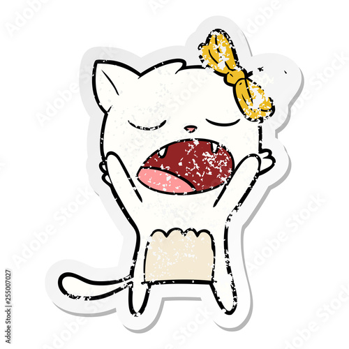 distressed sticker of a cartoon cat meowing