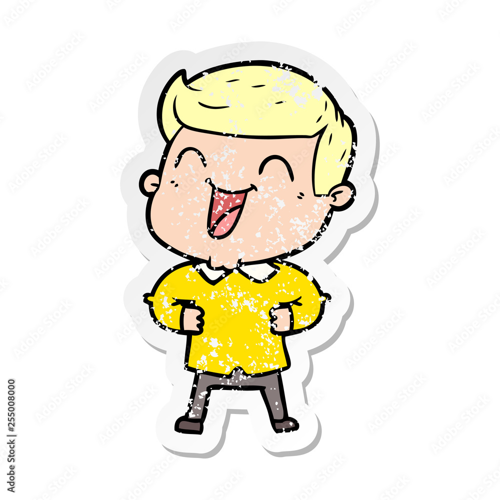 distressed sticker of a cartoon man laughing distressed sticker of a cartoon man laughing